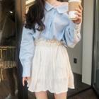 Long-sleeve Plain Blouse / Mini A-line Ruched Skirt / Set