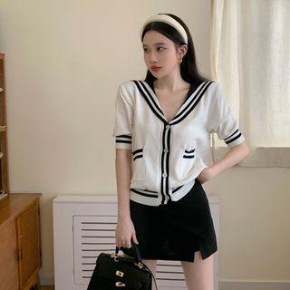 Sailor-collar Striped Knit Light Cardigan