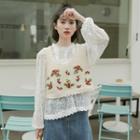 Lace Blouse / Flower Embroidered Cropped Knit Vest