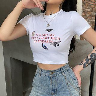 Butterfly Print Lettering Short-sleeve Cropped T-shirt