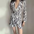 Long-sleeve V-neck Zebra Print Tie-waist Mini Shirt Dress