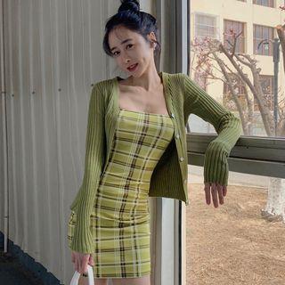 Plaid Spaghetti Strap Dress / V-neck Cardigan