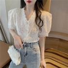 Puff-sleeve V-neck Lace Chiffon Cut-out Top