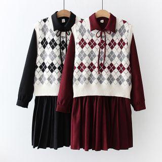 Set: Bow-neck Mini A-line Dress + Argyle Sweater Vest
