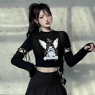 Printed Lace Up Long-sleeve T-shirt Black - One Size