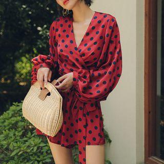 Set: Dotted Lantern-sleeve Wrap Top + Shorts