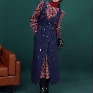 Double Breasted Denim Midi Overall Dress