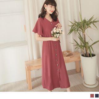 Ruffle Sleeve Single-breasted Chiffon Midi Dress