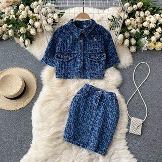 Set: Short-sleeve Denim Jacket + Pencil Skirt