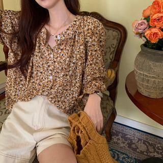 Long-sleeve Floral Print Buttoned Chiffon Top