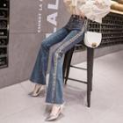 High-waist Faux Pearl Frayed Bell-bottom Jeans