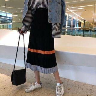 Color Block Midi A-line Pleated Skirt Black - One Size
