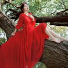 3/4-sleeve Trained A-line Maxi Dress