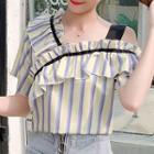 Short-sleeve Cold Shoulder Ruffled Striped Top
