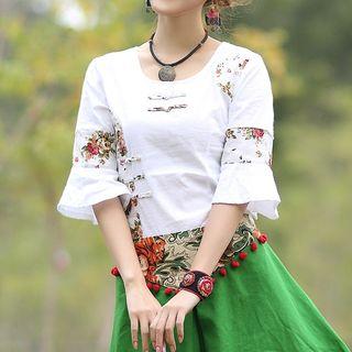 Elbow-sleeve Floral Panel Top