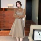 Set: Long-sleeve Mock-neck T-shirt + Spaghetti Strap Midi A-line Dress