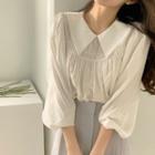 3/4-sleeve Collared Shirred Blouse