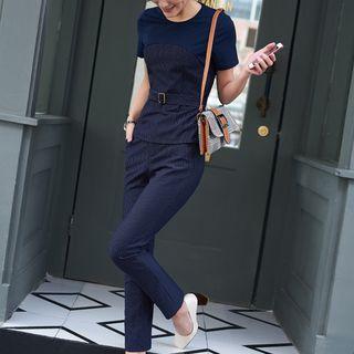 Set: Pinstriped Short-sleeve Top + Dress Pants