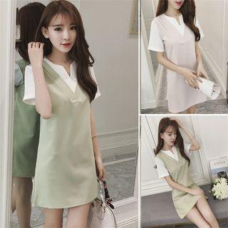 Mock Two-piece Inset Short-sleeve A-line V-neck Plain Panel Slim Dress