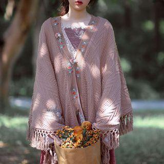 Flower Embroidered Fringed Trim Shawl Mauve - One Size