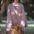 Flower Embroidered Fringed Trim Shawl Mauve - One Size