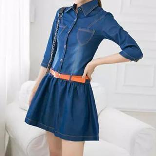 Elbow-sleeve Denim A-line Dress