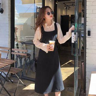 Belted A-line Midi Overall Dress Black - One Size