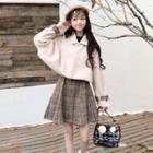 Buttoned Coat / Plaid A-line Mini Skirt