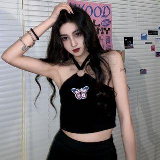 Butterfly Halter Top Black - One Size