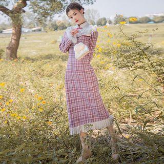 Long-sleeve Furry Trim Plaid Panel Midi A-line Dress