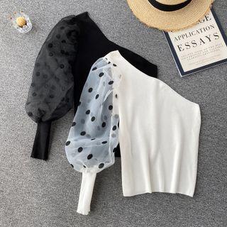 Off-shoulder Mesh Dots Puff-sleeve Panel Knit Top