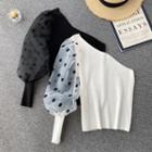 Off-shoulder Mesh Dots Puff-sleeve Panel Knit Top