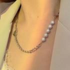 Faux Pearl Heart Chain Necklace 1pc - Silver - One Size