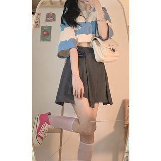 Elbow-sleeve Striped T-shirt / Asymmetrical Mini A-line Skirt / Set