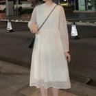 Mock-turtleneck Long-sleeve A-line Midi Lace Dress Almond - One Size