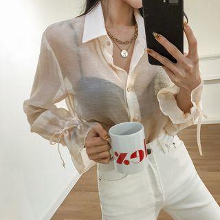 Beribboned Flare-cuff Sheer Satin Blouse