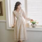Plain Floral Lace Drawstring Button-up A-line Dress