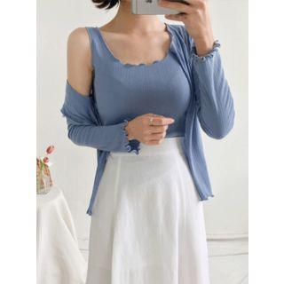 Set: Lettuce-edge Textured Cardigan + Tank Top