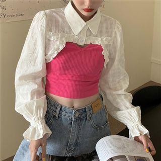 Long-sleeve Ruffle Trim Cropped Blouse / Camisole Top