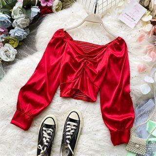 Square-neck Ruched Long-sleeve Cropped Blouse