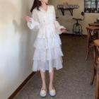Long-sleeve Fringed Midi Tiered Dress / Tie-neck Blouse