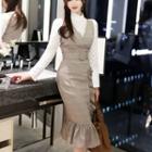 Inset Long-sleeve Top Sleeveless Plaid Sheath Dress