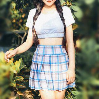 Set: Short-sleeve Cropped Swim Top + Plaid Swim Skirt