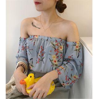 Printed Off-shoulder 3/4 Sleeve Chiffon Top