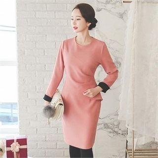 Contrast-cuff Peplum-trim Dress