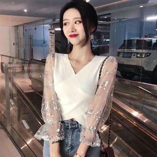 V Neck Sequined Mesh Shirt