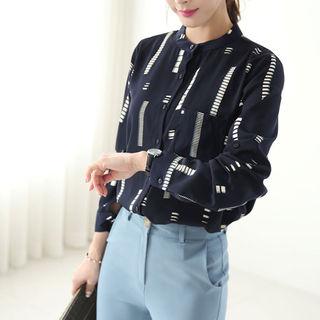 Mandarin-collar Tab-sleeve Patterned Shirt