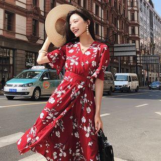 Flower Print Short-sleeve A-line Dress With Sash