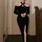 Long-sleeve Off-shoulder Halter Maxi Sheath Dress