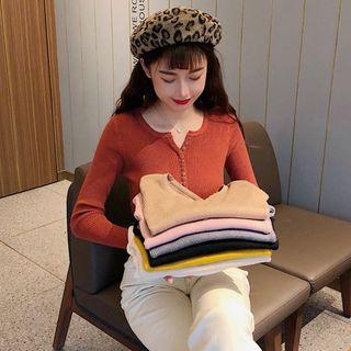 Long-sleeve Single-breast Ribbed Knit Top
